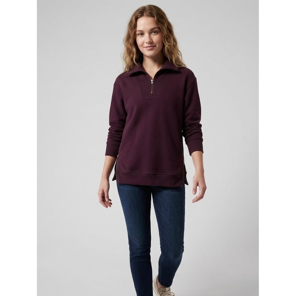 Athleta Coaster Luxe Quarter Zip Sweatshirt Dark Berry Purple Side Zips XXS
